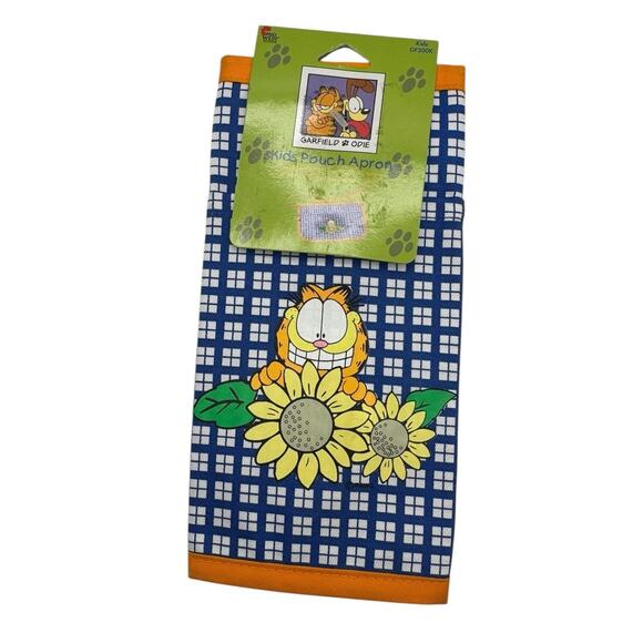 Vtg Retro Garfield & Odie Kids Pouch Half Apron Blue Plaid Sunflowers Cotton New - Picture 1 of 4